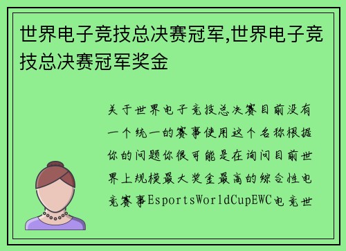 世界电子竞技总决赛冠军,世界电子竞技总决赛冠军奖金